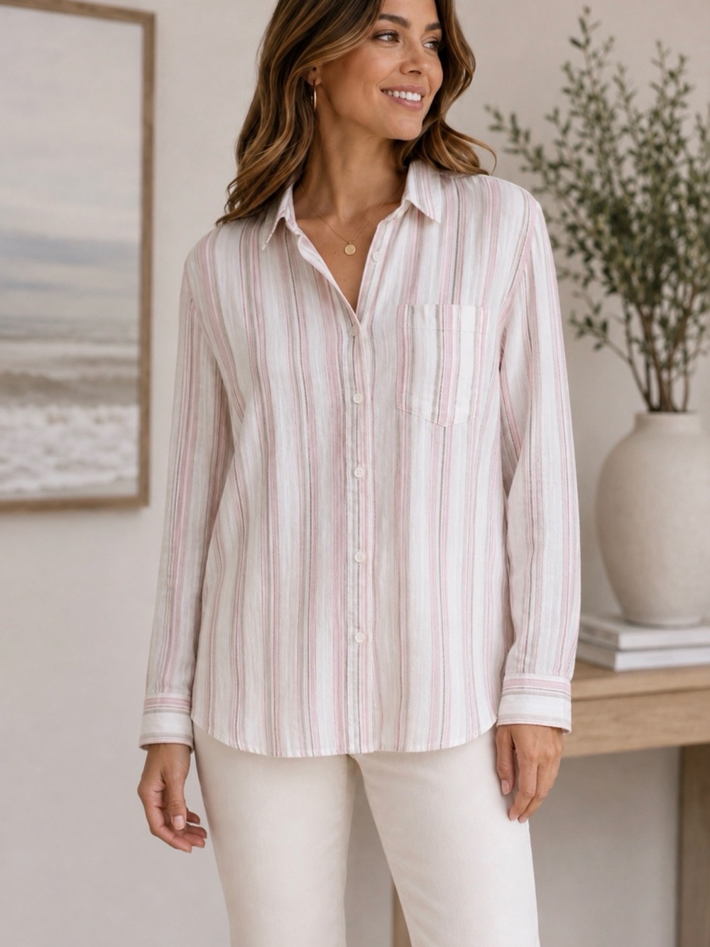 GAP Pink White Striped Linen Blend Button Front Shirt XL
